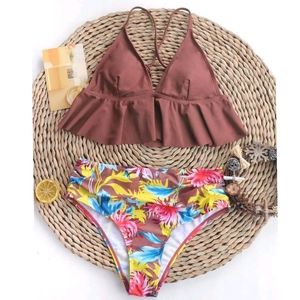 Brown Floral Ruffle Tankini Small 🆕 (Nwot)